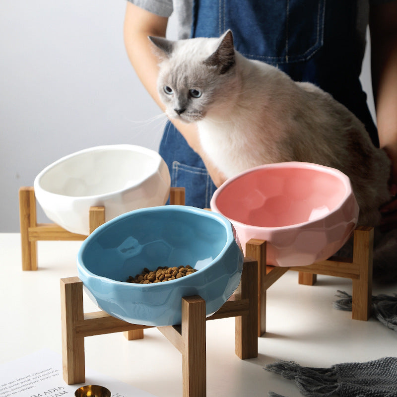 Nordic Ceramic Pet Bowl with Bamboo Stand – Anti-Slip Elevated Feeder for Cats & Small Dogs