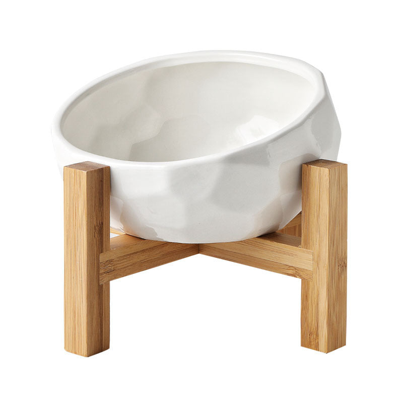 Nordic Ceramic Pet Bowl with Bamboo Stand – Anti-Slip Elevated Feeder for Cats & Small Dogs