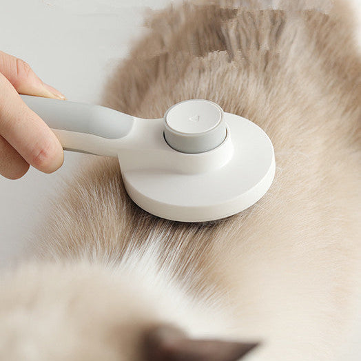Person using a white pet grooming tool on a cat's fur