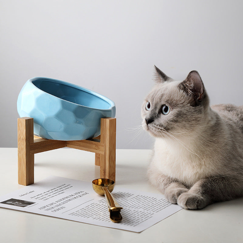 Nordic Ceramic Pet Bowl with Bamboo Stand – Anti-Slip Elevated Feeder for Cats & Small Dogs