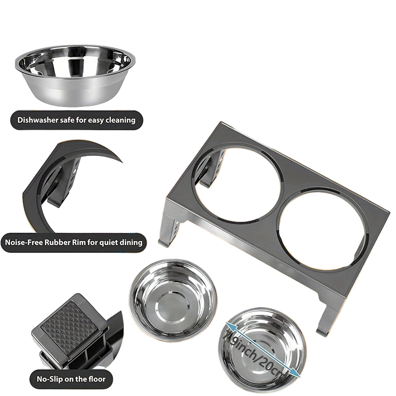 Pet feeding station with two food safe stainless steel bowls and a base.