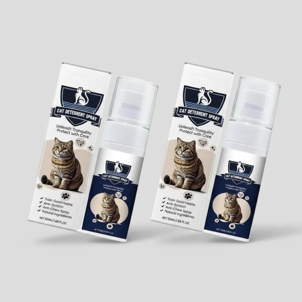 Four bottles of cat deterrent spray with packaging on a white background