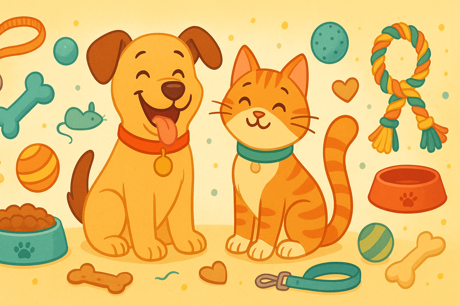 A cheerful banner with a dog and cat together, surrounded by toys, food bowls, and accessories. Bright, welcoming colors with a warm family-friendly vibe.