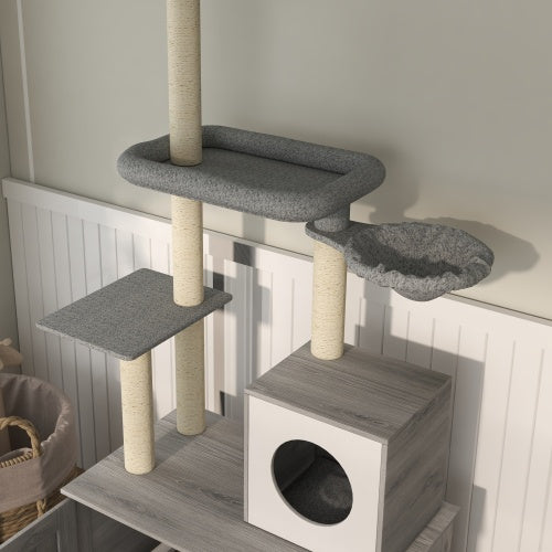 Modern Cat Tower with Hidden Storage Cabinet – Multi-Level Climbing Tree for Active Cats