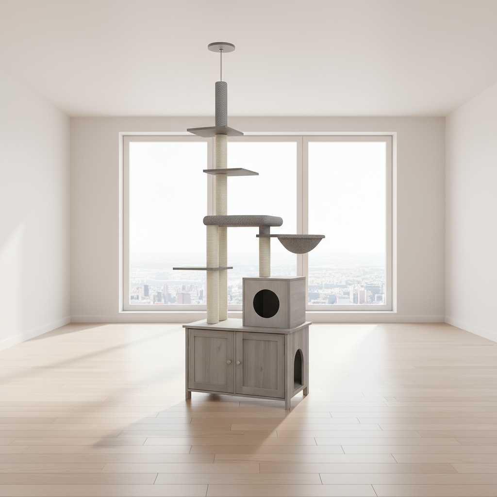 Gray cat tree with shelves and a hideout on a white background